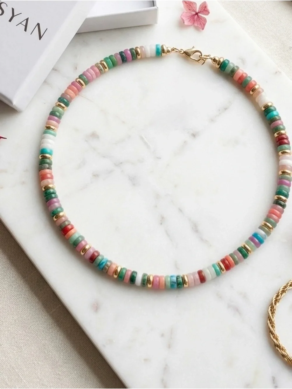 Kissyan Natural Gemstone Heishi Choker Necklace Colorful Boho NIB Gift